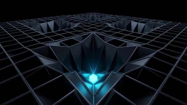 暗黒空間に浮かぶ幾何学的なエネルギー地形。量子アニーリングの最適化プロセスで光が谷底へ収束するCG映像