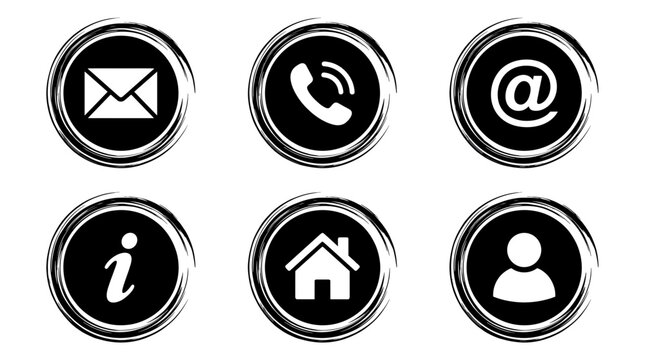 Set of six distressed circular contact icons including email telephone and location symbols for web