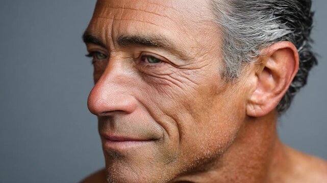 The Wisdom of Age: A close-up portrait of an older man's face, revealing the character and life experiences etched in his expressive features, grey hair, and weathered skin.