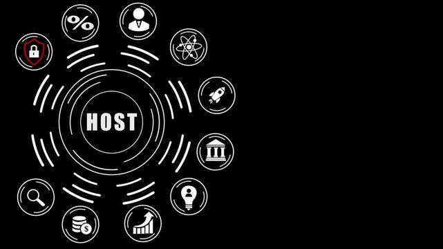 HOST Server Concept with Global Network and Business Icons on Dark Background HOST hosting, abstract circles and gears background.4k digital Animation video.