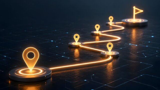 Glowing neon location pins on a winding pathway leading to a target flag on a dark digital circuit background, representing milestone journey and project roadmap