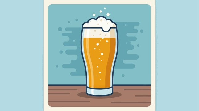 Flat Design Beer Pint Glass Vector Art with Golden Amber Lager, Thick Frothy Foam, Rising Bubbles, Wooden Table, and Abstract Teal Background in Clean Cartoon Style for Brewery Logos, Pub Menus, and S