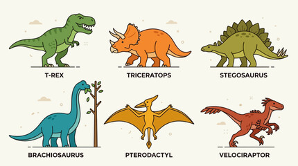 Cute 2D Flat Dinosaur Designs Educational Set with T-Rex, Triceratops, Stegosaurus, Brachiosaurus, Pterodactyl, and Velociraptor in Colorful Minimalist Cartoon Vector Style for Kids, School, and Merch © Restu