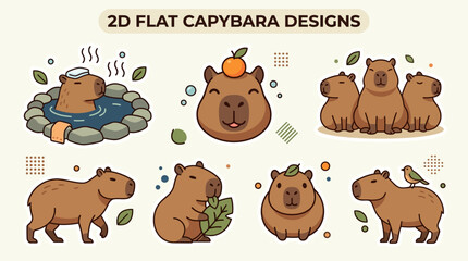 Fototapeta premium Cute 2D Flat Capybara Designs Sticker Collection with Onsen Bath, Orange Head, Trio Friends, Eating Leaf, Bird, and Walking Poses in Cartoon Vector Style for Journals, Planners, App Icons, and Merch