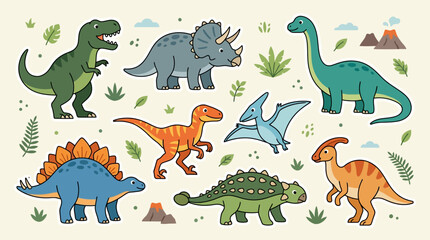 Cute 2D Flat Dinosaur Sticker Collection with T-Rex, Triceratops, Brachiosaurus, Velociraptor, Pterodactyl, Stegosaurus, Ankylosaurus, and Parasaurolophus in Cartoon Vector Style for Kids, School, and © Restu