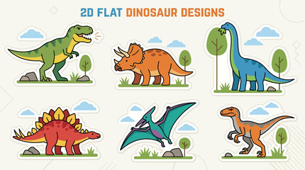 Cute 2D Flat Dinosaur Designs Sticker Set with Green T-Rex, Orange Triceratops, Blue Brachiosaurus, Red Stegosaurus, Teal Pterodactyl, and Velociraptor in Cartoon Style for Kids Education and Scrapboo © Restu