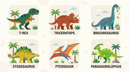 Cute 2D Flat Dinosaur Flashcards Set with T-Rex, Triceratops, Brachiosaurus, Stegosaurus, Pterosaur, and Parasaurolophus in Colorful Cartoon Style with Palm Trees for Kids Educational Posters and Stic © Restu