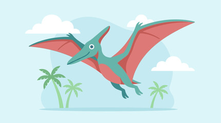 Cute 2D Flat Pterodactyl Flying in Pastel Sky with Palm Trees and White Clouds in Minimalist Cartoon Vector Illustration Style Perfect for Kids Educational Posters, Stickers, Books, and Merchandise © Restu