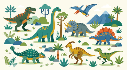 Colorful 2D Flat Dinosaur Collection with T-Rex, Brachiosaurus, Pterodactyl, Triceratops, Stegosaurus, Ankylosaurus, Parasaurolophus, and Velociraptor in Prehistoric Nature Scene for Kids Education an © Restu