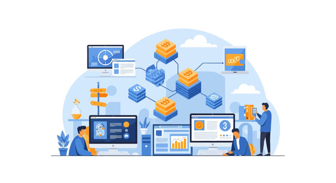 Modern technology network and data management system illustration.