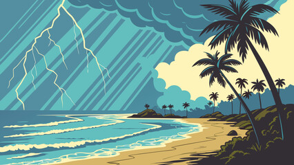 Detailed vector illustration of a tropical beach landscape featuring dramatic lightning bolts striking over a turbulent ocean during dark storms © Asifa