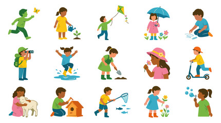 Fototapeta premium Flat Vector Illustration of Kids Spring and Outdoor Activities. Children Playing, Learning, and Exploring Nature