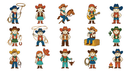 Fototapeta premium Cute Flat Cartoon Western Cowboy and Cowgirl Characters Vector Illustration Set