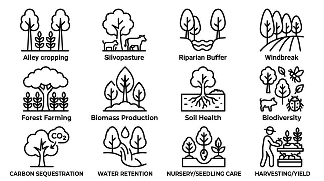 Sustainable Agriculture Icons: Agroforestry, Soil Health, Biodiversity, Carbon Sequestration