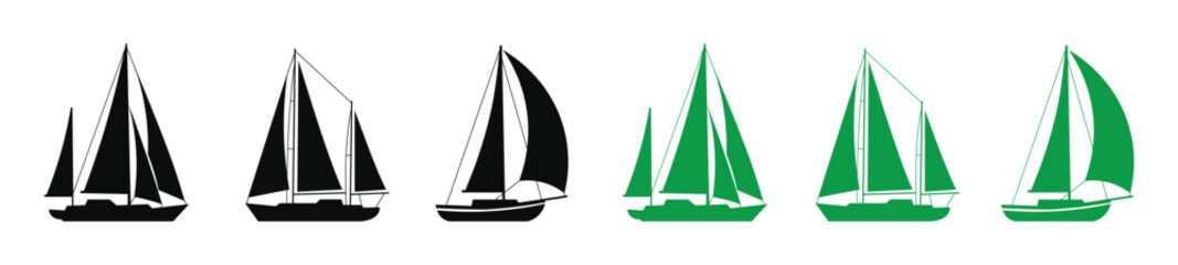 Fototapeta premium Sailboat Silhouette Icon Set – Sailing Yacht, Sailboat And Marine Boat Vector Collection