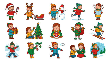 Obraz premium Christmas and Winter Holidays Kids Cartoon Vector Set. Children Playing, Celebrating, and Enjoying Seasonal Activities.