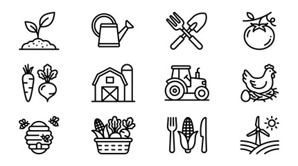 Obraz premium Farming and Agriculture Icons: Seedling, Watering Can, Tools, Tomato, Tractor, Chicken, Farm, Harvest