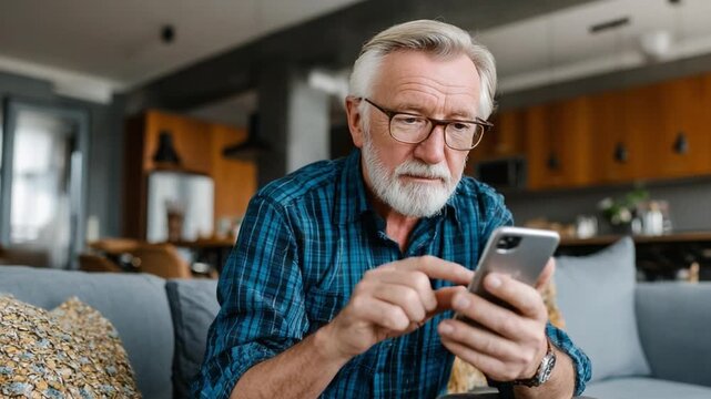 Elderly Man Using Smartphone at Home: A distinguished elderly man with a gray beard and glasses intently focuses on his smartphone while seated comfortably in a modern living room.