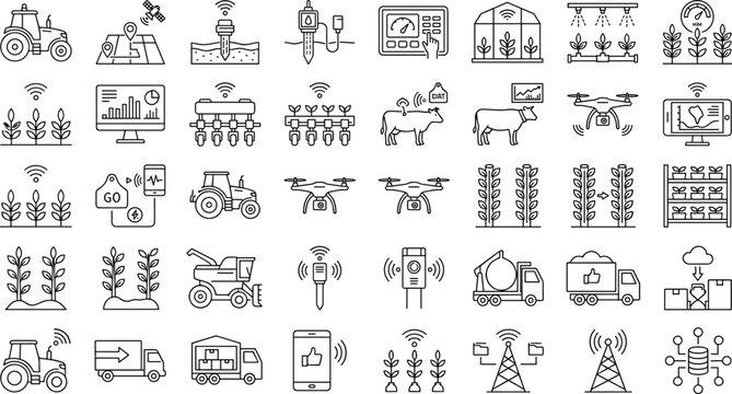 Smart Agriculture IoT Icons Collection with Precision Farming Automation and Connected Farm Vector Set