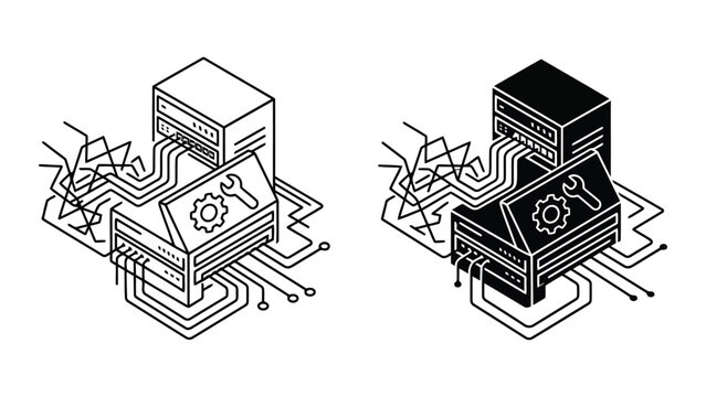 Computer server repair and maintenance icon set with maintenance, computer