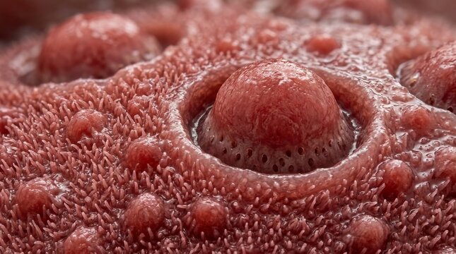 Macro View of Tongue Surface Papillae: The large fungiform papilla sits prominently amidst the dense field of filiform papillae covering the tongue surface