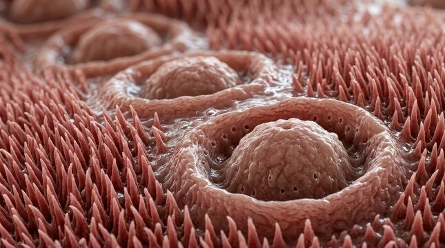 Macro View of Tongue Surface Papillae: The large fungiform papilla sits prominently amidst the dense field of filiform papillae covering the tongue surface