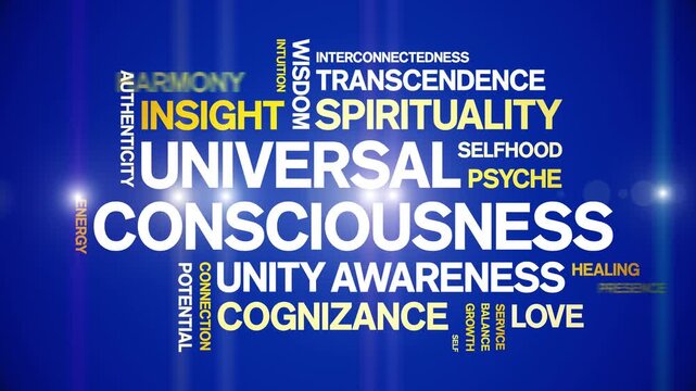 Universal Consciousness animated word cloud-text design animation tag kinetic typography seamless loop.
