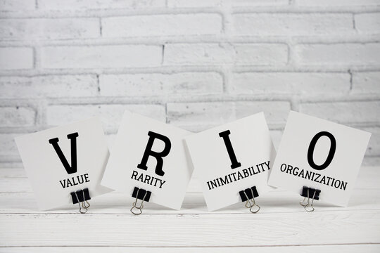 VRIO Value, Rarity, Inimitability, Organization text written on paper notes