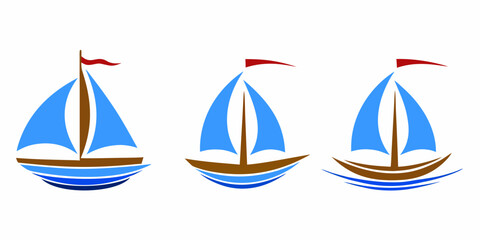 Stylized Sailboats With Blue Hulls And Red Flags Vector Illustration © Sabuj