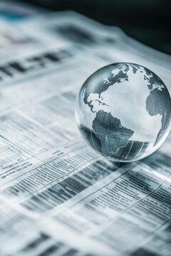 Glass globe rests on a financial newspaper with blurred text