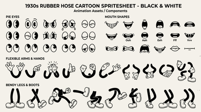 Vintage 1930s rubber hose cartoon spritesheet with retro eyes, mouths, arms and legs in black and white, perfect for character design, animation creation and game development