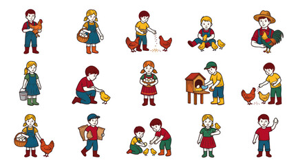 Fototapeta premium Farming Life Cartoon Illustration of Happy Kids and Farmers Tending Chickens, Roosters, and Collecting Eggs