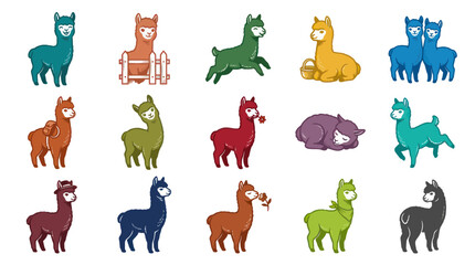 Fototapeta premium Colorful Cute Cartoon Alpacas Vector Illustration Set. Funny Llama Characters in Various Poses.