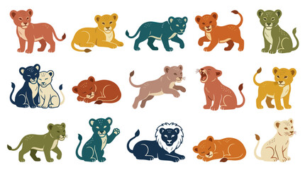 Fototapeta premium Flat Illustration of Cute Lion Cubs in Various Poses, Animal Vector Art