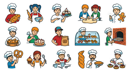 Fototapeta premium Cartoon Vector Illustration Set of Professional and Child Bakers Making Delicious Pastries and Bread