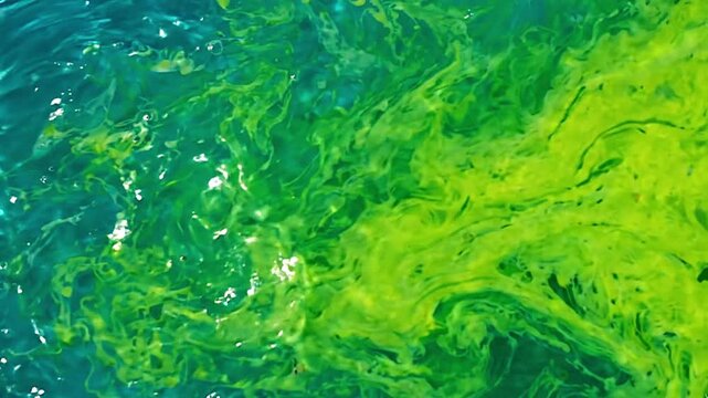 Bright green liquid ink swirling into deep blue water creating abstract motion video footage background effect