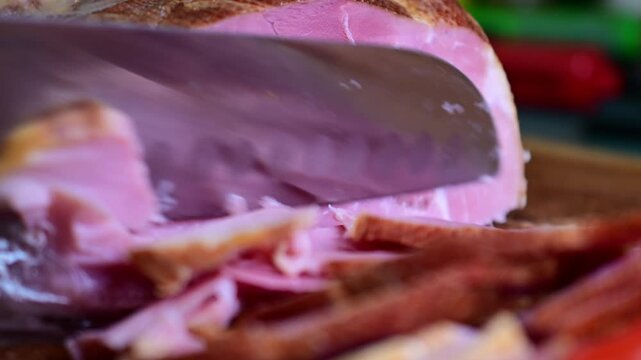 slicing ham cold cut meats cut tomato macro food background video