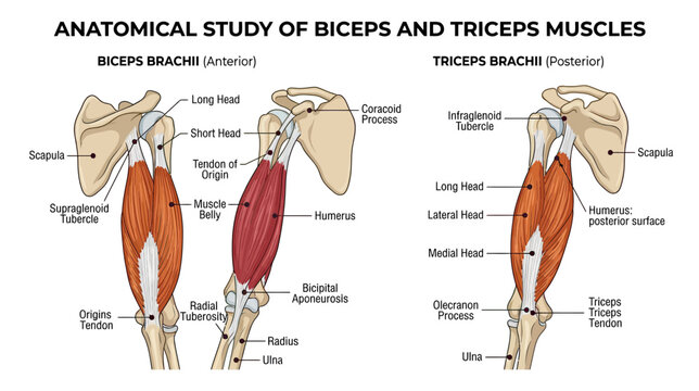 Anatomical Study of Biceps and Triceps Muscles: Anterior and Posterior Views