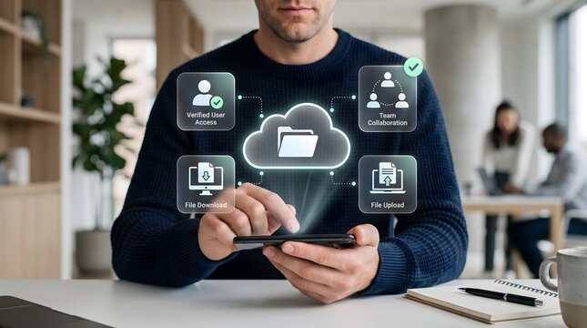 Cloud computing workspace showing secure file transfer protocols and verified user access for business collaboration