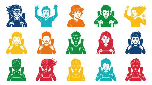 Amusement Park Roller Coaster Riders Flat Vector Glyphs Set - People on Thrill Rides with Diverse Emotions