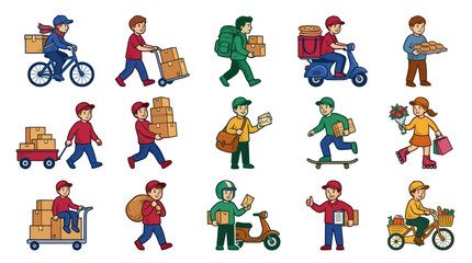 Naklejka premium Delivery and Logistics Industry Cartoon Illustration Set: Diverse Courier People Delivering Packages by Bike, Scooter, and Foot