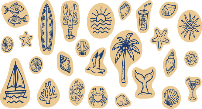 Tropical beach and sea life hand drawn sticker set with palm trees surfboard crab lobster and shells on grey back