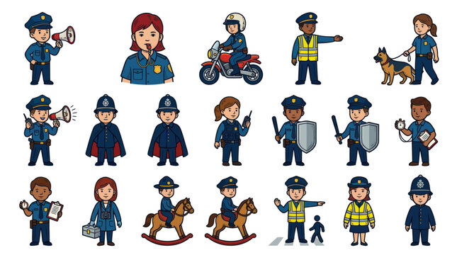Diverse police officers and police dog cartoon vector set, law enforcement icons