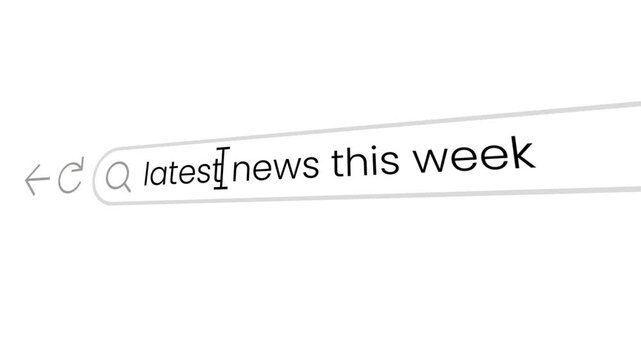 Creative dynamic rendering of a search bar typing query, perfect for tech or news themes. Clean animation of search bar typing 'latest news this week' on a white background.