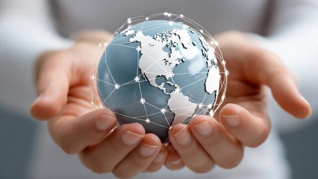 Global Connection in Hands: A conceptual image depicting the world held gently in a pair of hands, interconnected by a luminous digital network, symbolizing global communication and unity.