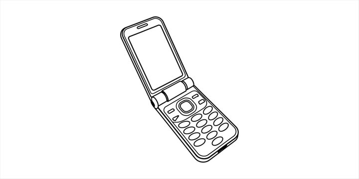 Black and white line art illustration of a retro flip mobile phone with keypad and screen for communication technology and vintage gadgets concepts