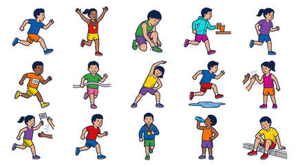 Fototapeta premium Cartoon Vector Illustration Set of Diverse Children Running, Exercising, and Competing in Sports and Marathon