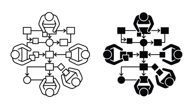 Team collaboration and project management workflow diagram with people icons