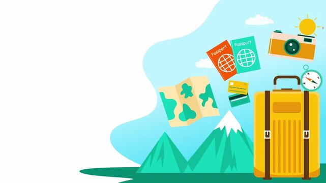 It's time to travel banner template with a suitcase, camera, passport, map, and mountain background. animation illustration of summer vacation planning, holiday adventure, and tourism concept.