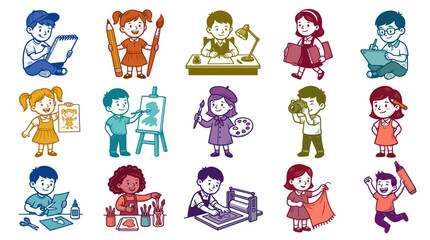 Fototapeta premium Children Engaged in Various Creative Arts Activities, Vector Illustration, Flat Style